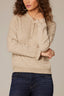 Oatmeal Loung Flounce Sleeve Cascade Ruffle Half Button Placket Pointelle Round Stand Collar Sweater Top