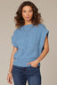 Heather Cerulean Blue Extended Shoulder Placement Cable Stitch Mock Neck Banded Hem Sweater Vest Top