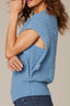 Heather Cerulean Blue Extended Shoulder Placement Cable Stitch Mock Neck Banded Hem Sweater Vest Top