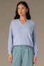 Blue Crush Three Quarter Pleated Sleeve Round V-Notch Neck Banded Hem Sweater