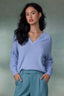 Blue Crush Three Quarter Pleated Sleeve Round V-Notch Neck Banded Hem Sweater