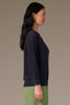 Navy Three Quarter Pleated Sleeve Round V-Notch Neck Banded Hem Sweater