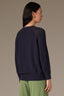 Navy Three Quarter Pleated Sleeve Round V-Notch Neck Banded Hem Sweater