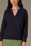 Navy Three Quarter Pleated Sleeve Round V-Notch Neck Banded Hem Sweater