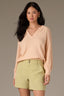 Peach Fuzz Three Quarter Pleated Sleeve Round V-Notch Neck Banded Hem Sweater