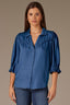 Indigo Short Embroidered Puff Blouson Sleeve Collared V-Neck Western Back Yoke Button Down Woven Shirt