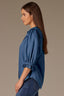 Indigo Short Embroidered Puff Blouson Sleeve Collared V-Neck Western Back Yoke Button Down Woven Shirt