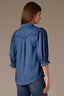 Indigo Short Embroidered Puff Blouson Sleeve Collared V-Neck Western Back Yoke Button Down Woven Shirt