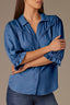 Indigo Short Embroidered Puff Blouson Sleeve Collared V-Neck Western Back Yoke Button Down Woven Shirt