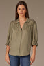 Oregano Short Embroidered Puff Blouson Sleeve Collared V-Neck Western Back Yoke Button Down Woven Shirt