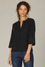 Black Three Quarter Button Sleeve Mandarin Collar Half Placket Knit Top