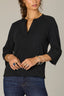 Black Three Quarter Button Sleeve Mandarin Collar Half Placket Knit Top