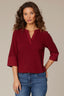 Dark Cherry Three Quarter Button Sleeve Mandarin Collar Half Placket Knit Top