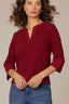 Dark Cherry Three Quarter Button Sleeve Mandarin Collar Half Placket Knit Top