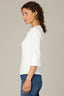 Off White Three Quarter Button Sleeve Mandarin Collar Half Placket Knit Top