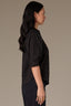 Black Below Elbow Banded Lantern Ruffle Edge Sleeve Button Down Stand Collar V-Neck Scallop Edge Yoke Woven Shirt 