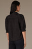 Black Below Elbow Banded Lantern Ruffle Edge Sleeve Button Down Stand Collar V-Neck Scallop Edge Yoke Woven Shirt 