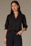 Black Below Elbow Banded Lantern Ruffle Edge Sleeve Button Down Stand Collar V-Neck Scallop Edge Yoke Woven Shirt 