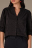 Black Below Elbow Banded Lantern Ruffle Edge Sleeve Button Down Stand Collar V-Neck Scallop Edge Yoke Woven Shirt 