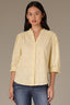 Buttercream Below Elbow Banded Lantern Ruffle Edge Sleeve Button Down Stand Collar V-Neck Scallop Edge Yoke Woven Shirt 