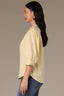 Buttercream Below Elbow Banded Lantern Ruffle Edge Sleeve Button Down Stand Collar V-Neck Scallop Edge Yoke Woven Shirt 