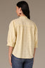 Buttercream Below Elbow Banded Lantern Ruffle Edge Sleeve Button Down Stand Collar V-Neck Scallop Edge Yoke Woven Shirt 