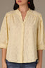 Buttercream Below Elbow Banded Lantern Ruffle Edge Sleeve Button Down Stand Collar V-Neck Scallop Edge Yoke Woven Shirt 