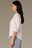 Off White Below Elbow Banded Lantern Ruffle Edge Sleeve Button Down Stand Collar V-Neck Scallop Edge Yoke Woven Shirt 