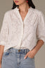 Off White Below Elbow Banded Lantern Ruffle Edge Sleeve Button Down Stand Collar V-Neck Scallop Edge Yoke Woven Shirt 