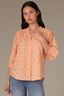 Peach Fuzz Below Elbow Banded Lantern Ruffle Edge Sleeve Button Down Stand Collar V-Neck Scallop Edge Yoke Woven Shirt 