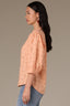 Peach Fuzz Below Elbow Banded Lantern Ruffle Edge Sleeve Button Down Stand Collar V-Neck Scallop Edge Yoke Woven Shirt 