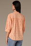 Peach Fuzz Below Elbow Banded Lantern Ruffle Edge Sleeve Button Down Stand Collar V-Neck Scallop Edge Yoke Woven Shirt 