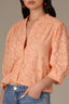 Peach Fuzz Below Elbow Banded Lantern Ruffle Edge Sleeve Button Down Stand Collar V-Neck Scallop Edge Yoke Woven Shirt 