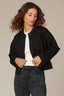 Black Long Surplus Drop Shoulder Sleeve Snap Front Round Ribbed Neck Cropped Dart Seam Bomber Jacket