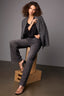 Black Long Blouson Smocked Cuff Band Sleeve Overlap V-Neck Cinched Hem Woven Top