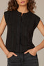 Black Extended Shoulder Crochet Trim Cutton Down Round Stand Collar Mix Media Woven Top