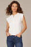 Off White Extended Shoulder Crochet Trim Cutton Down Round Stand Collar Mix Media Woven Top