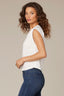 Off White Extended Shoulder Crochet Trim Cutton Down Round Stand Collar Mix Media Woven Top