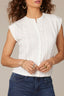 Off White Extended Shoulder Crochet Trim Cutton Down Round Stand Collar Mix Media Woven Top