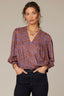 Raw Umber Long Blouson Smocked Cuff Band Sleeve Overlap V-Neck Cinched Hem Floral Printed Woven Top