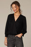 Black Long Blouson Smocked Cuff Band Sleeve Overlap V-Neck Cinched Hem Woven Top