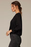 Black Long Blouson Smocked Cuff Band Sleeve Overlap V-Neck Cinched Hem Woven Top