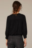 Black Long Blouson Smocked Cuff Band Sleeve Overlap V-Neck Cinched Hem Woven Top