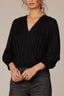 Black Long Blouson Smocked Cuff Band Sleeve Overlap V-Neck Cinched Hem Woven Top