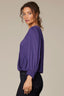 Grapevine Long Blouson Smocked Cuff Band Sleeve Overlap V-Neck Cinched Hem Woven Top