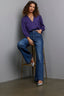 Grapevine Long Blouson Smocked Cuff Band Sleeve Overlap V-Neck Cinched Hem Woven Top