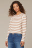 White Sahara Sand Long Puff Sleeve Scoop Neck Stripe Blocked Print Knit Top