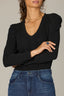 Black Long Puff Sleeve V-Neck Hi-Low Knit Top