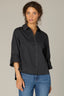 Black Long Roll Tab Sleeve Collar Neck Button Down Front Hi-Low Woven Top