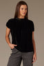 Black Extended Short Sleeve Shirred Shoulder Back Yoke Smock High Round Neck Woven Velvet Top